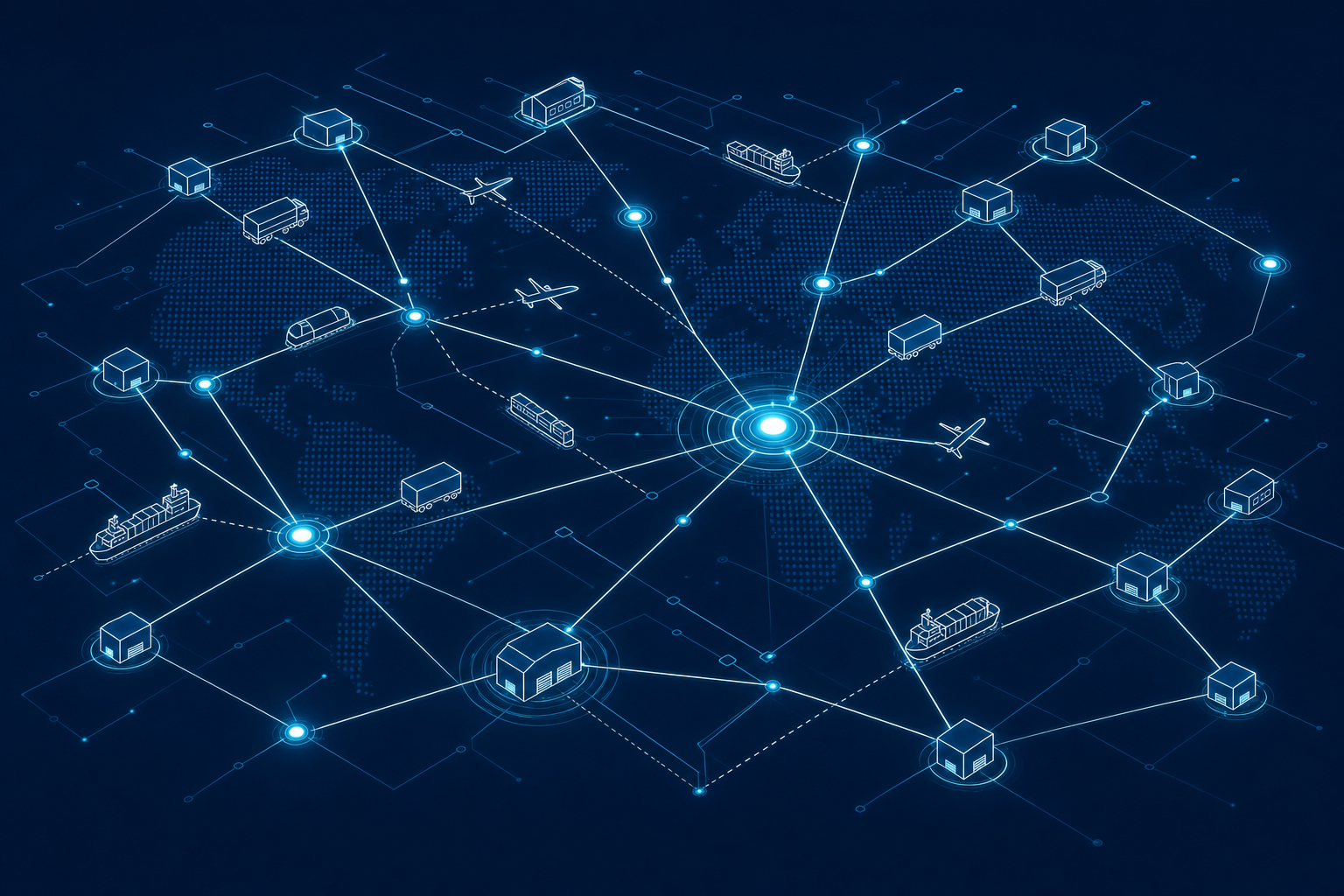 Abstract illustration of a distribution and logistics network with connected sourcing nodes